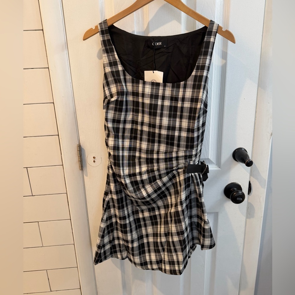 Cider Plaid Black and White Ruched Mini Dress - Picture 2 of 7